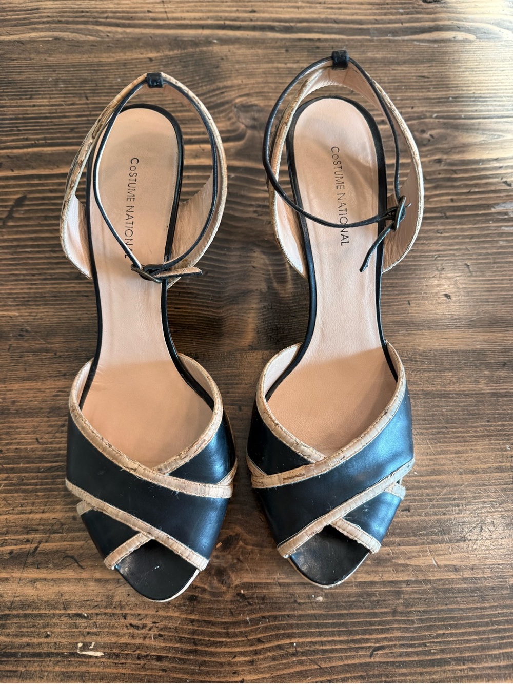 CNC Costume National Black and Natural Trim Ankle-Strap Sandals